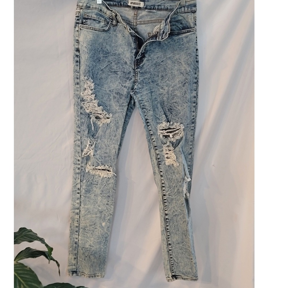 Aphrodite Womens Size 13 Distressed Acid Wash Skinny Jeans Ripped Light Blue